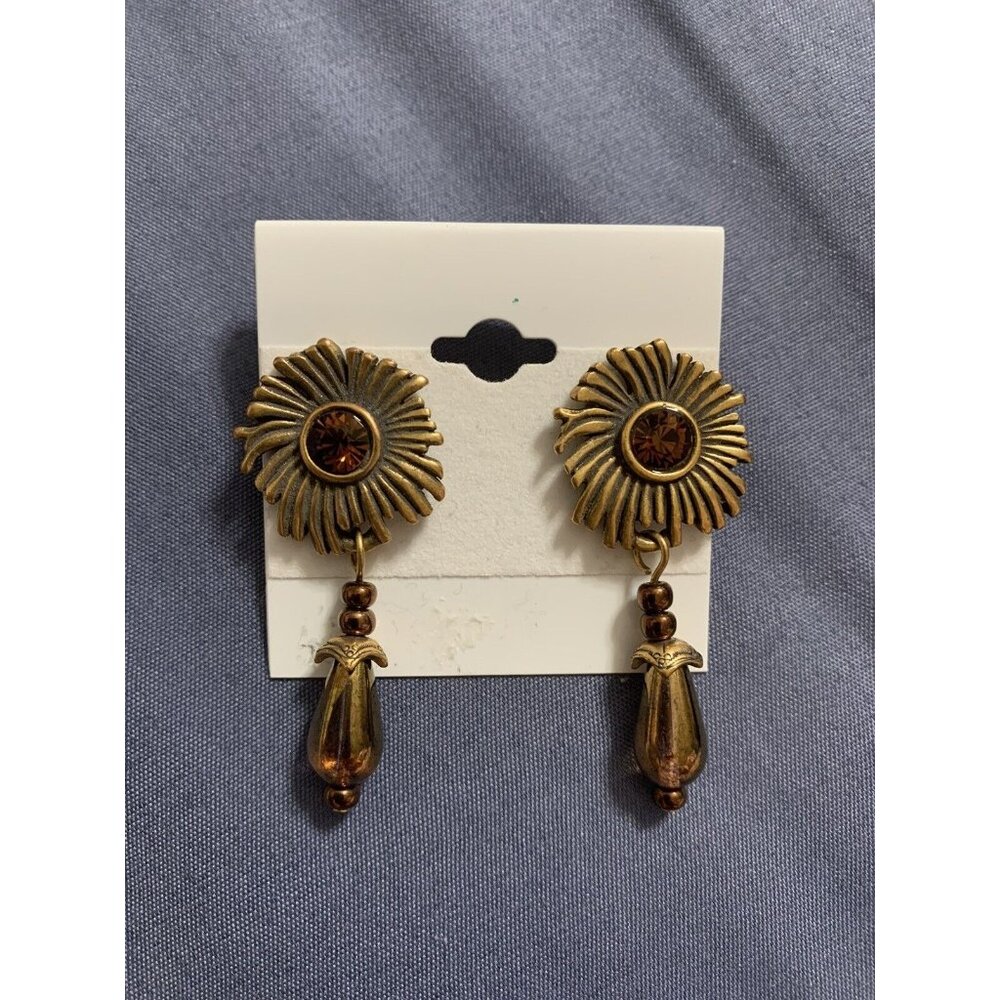 Chicos Dangle Pierced Earrings Post Back Sunburst Hanging Teardrop Copper Brown